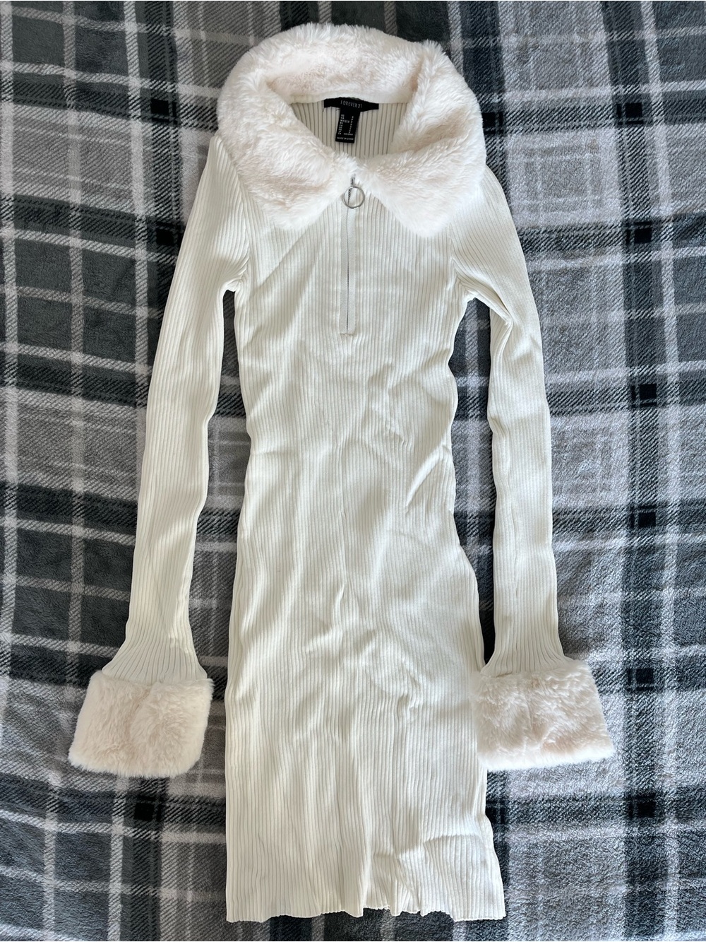 Forever 21 White Ribbed Knit Dress with Faux-Fur Collar & Cuffs